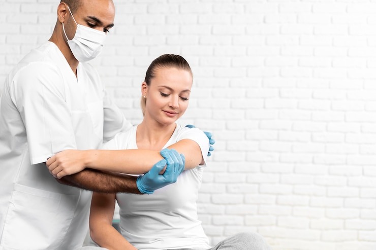 get checked for tennis elbow and take a cortisone injection to help with the pain.